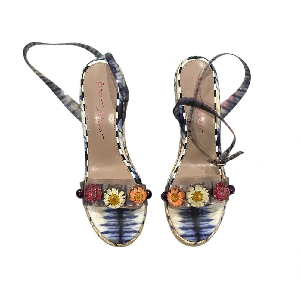 BETSEY JOHNSON FLORAL ANKLE STRAP WEDGE SHOES